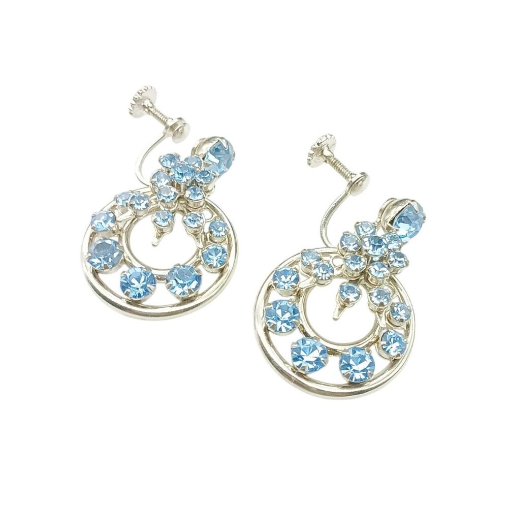 Vintage Blue Rhinestone Screw-Back Earrings with Floral Design and Hoop Dangle